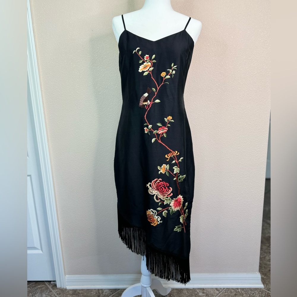 Sue Wong Vintage Silk Floral Embroidered Slip Dress y2k Fairy  Fringe dress